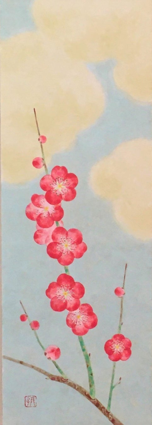 松田朋子「紅梅」 （紙本着色、WSM、額装付） 132,000円