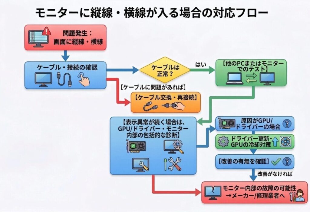 PCモニターに縦線・横線が入る場合の原因特定＆対処法フローチャート（トラブルシューティングの流れ）