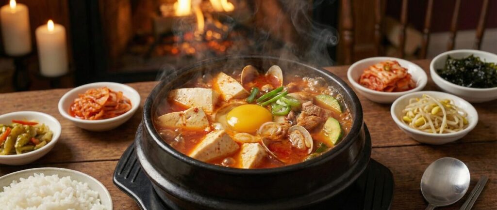 温かくて美味しいスンドゥブチゲ（豆腐のピリ辛煮込み）